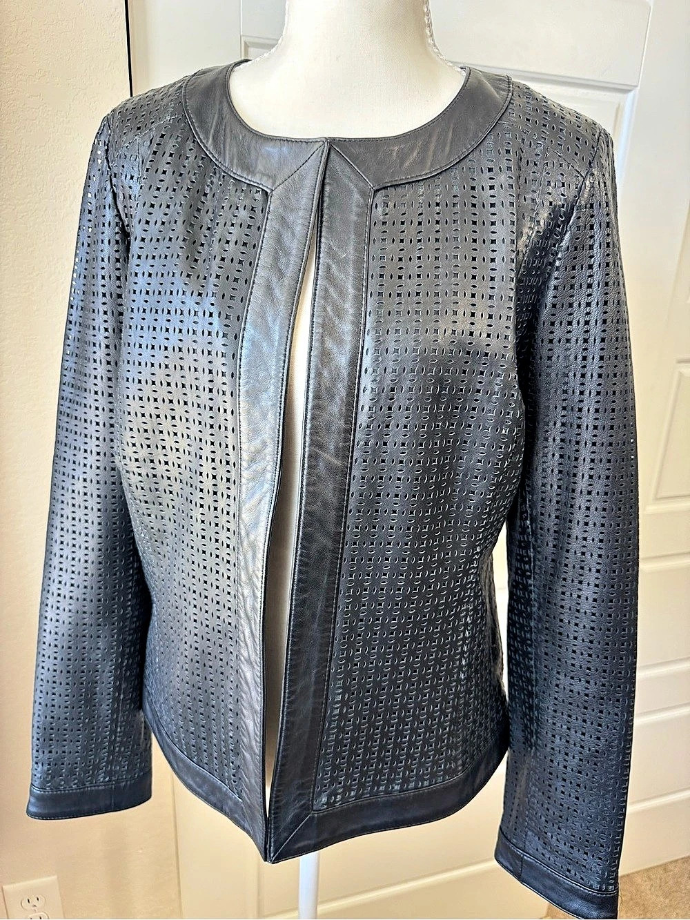 Saks Fifth Avenue Perforated Leather Jacket in Black Size 6 Like New